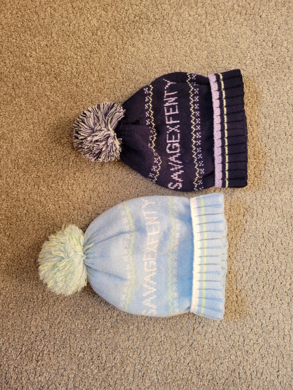 Savage X Fenty Frost Smitten Beanie Hats Blue & Navy Fair Isle Knit Pom Set of 2